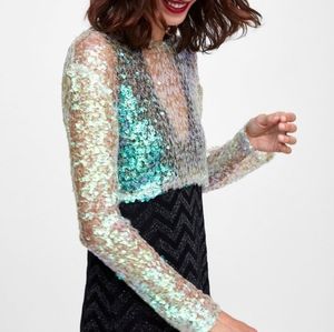 Zara sheer sequin iridescent cropped top
